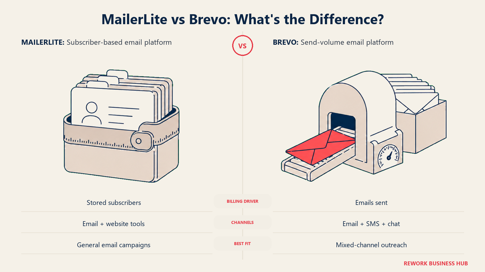 MailerLite vs Brevo shown with contact storage and dispatch