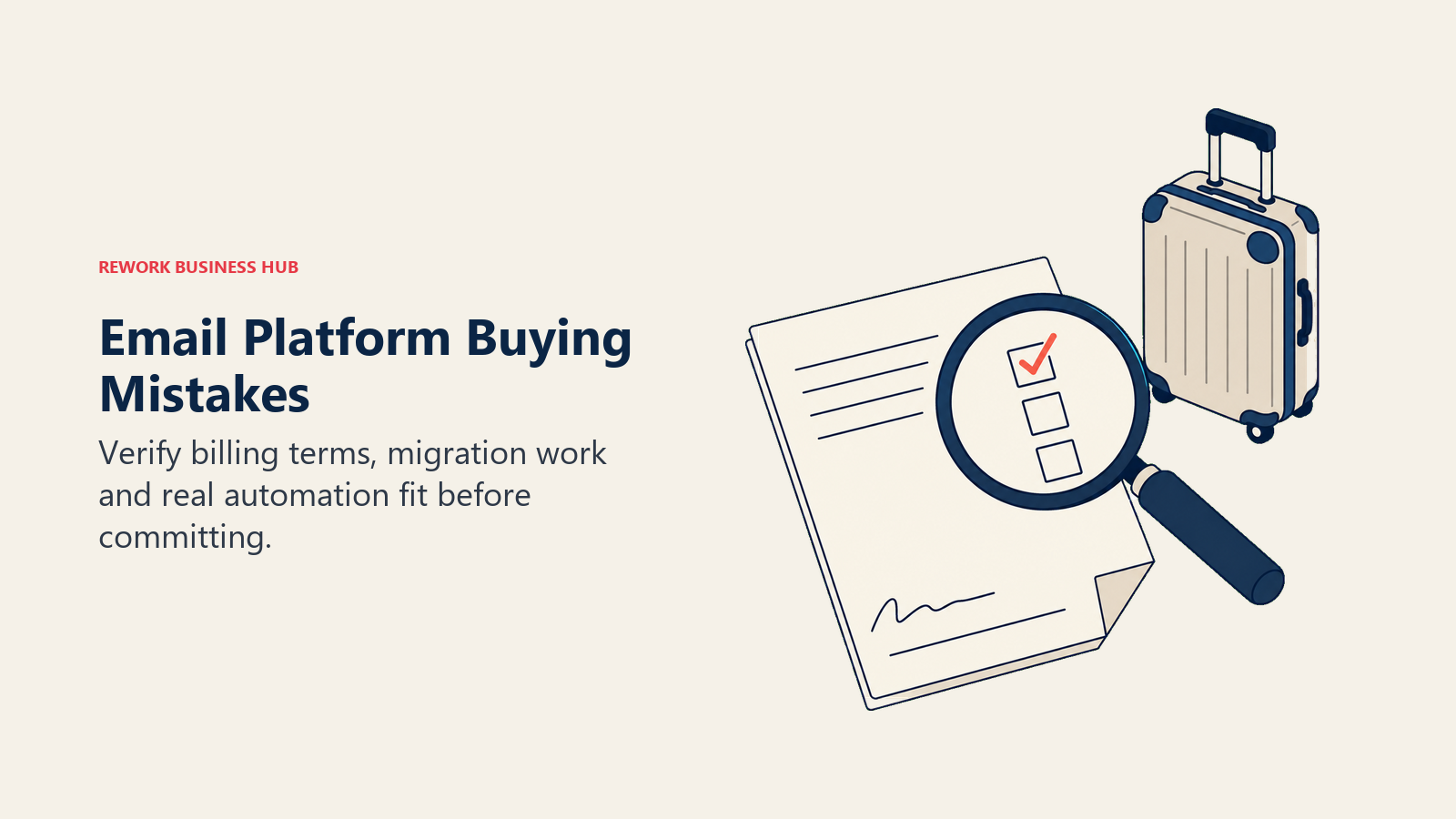 Email Platform Buying Mistakes shown with contract inspection loupe