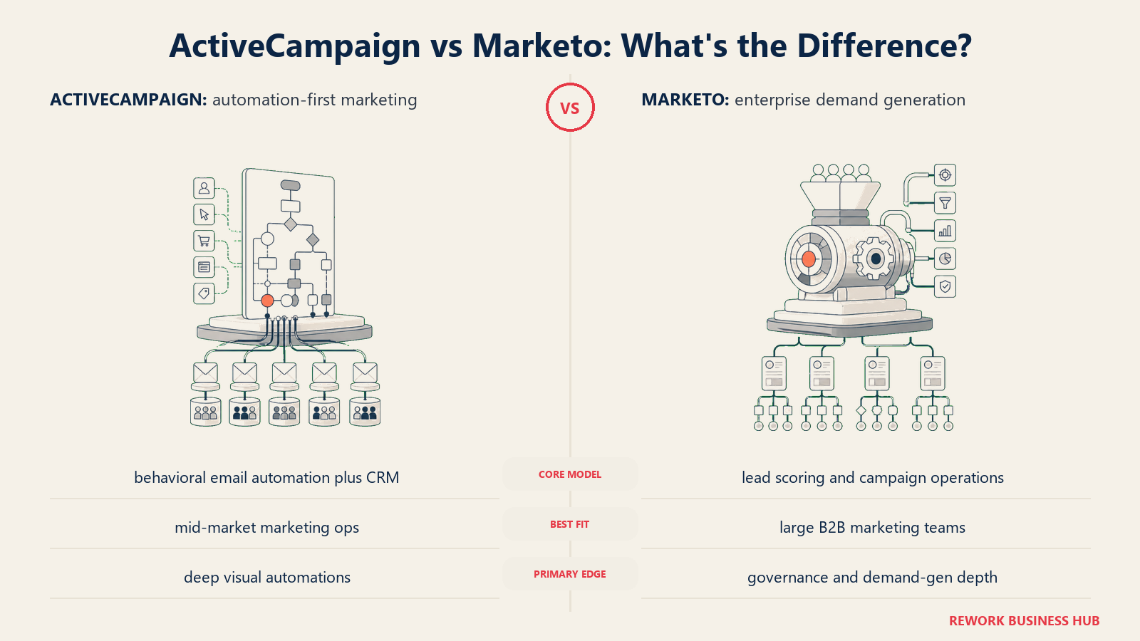 ActiveCampaign versus Marketo shown with matched metaphors for their operating models