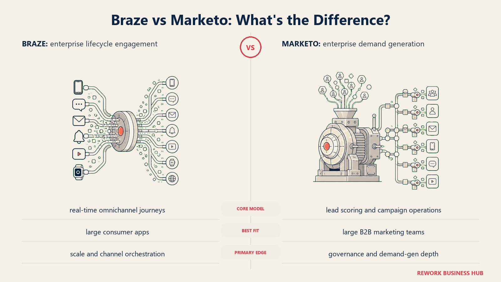 Braze versus Marketo shown with matched metaphors for their operating models