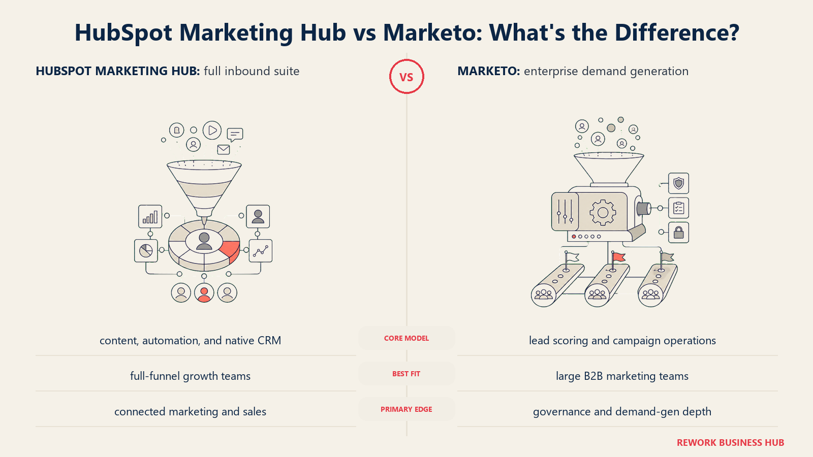 HubSpot Marketing Hub versus Marketo shown with matched metaphors for their operating models