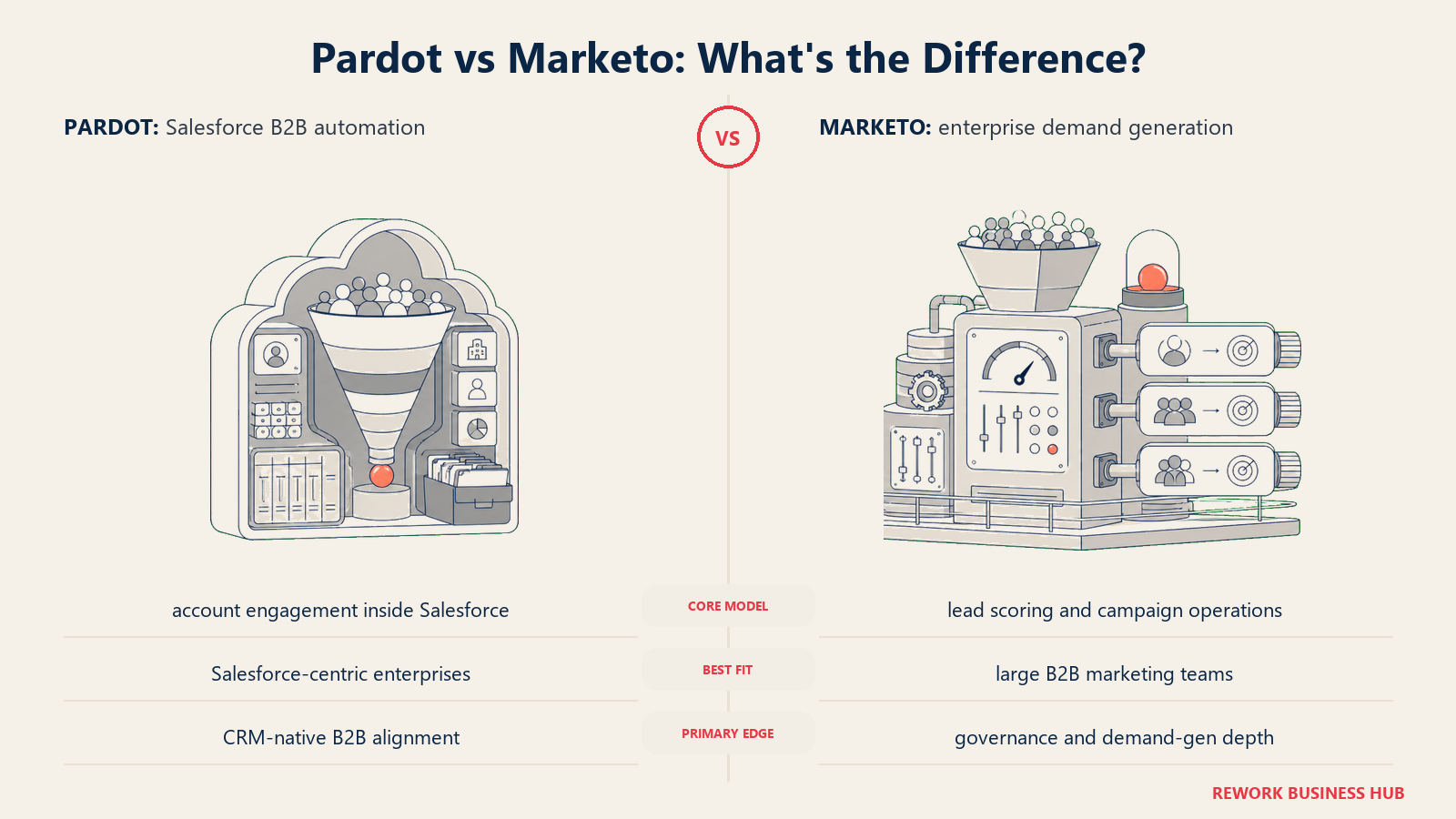 Pardot versus Marketo shown with matched metaphors for their operating models