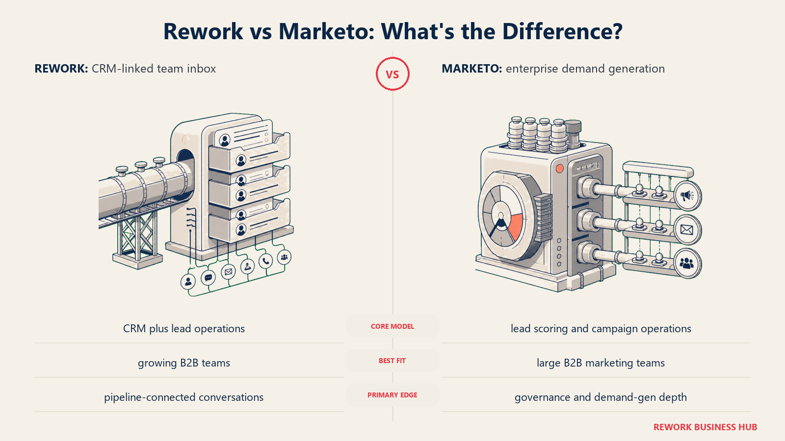 Rework versus Marketo shown with matched metaphors for their operating models