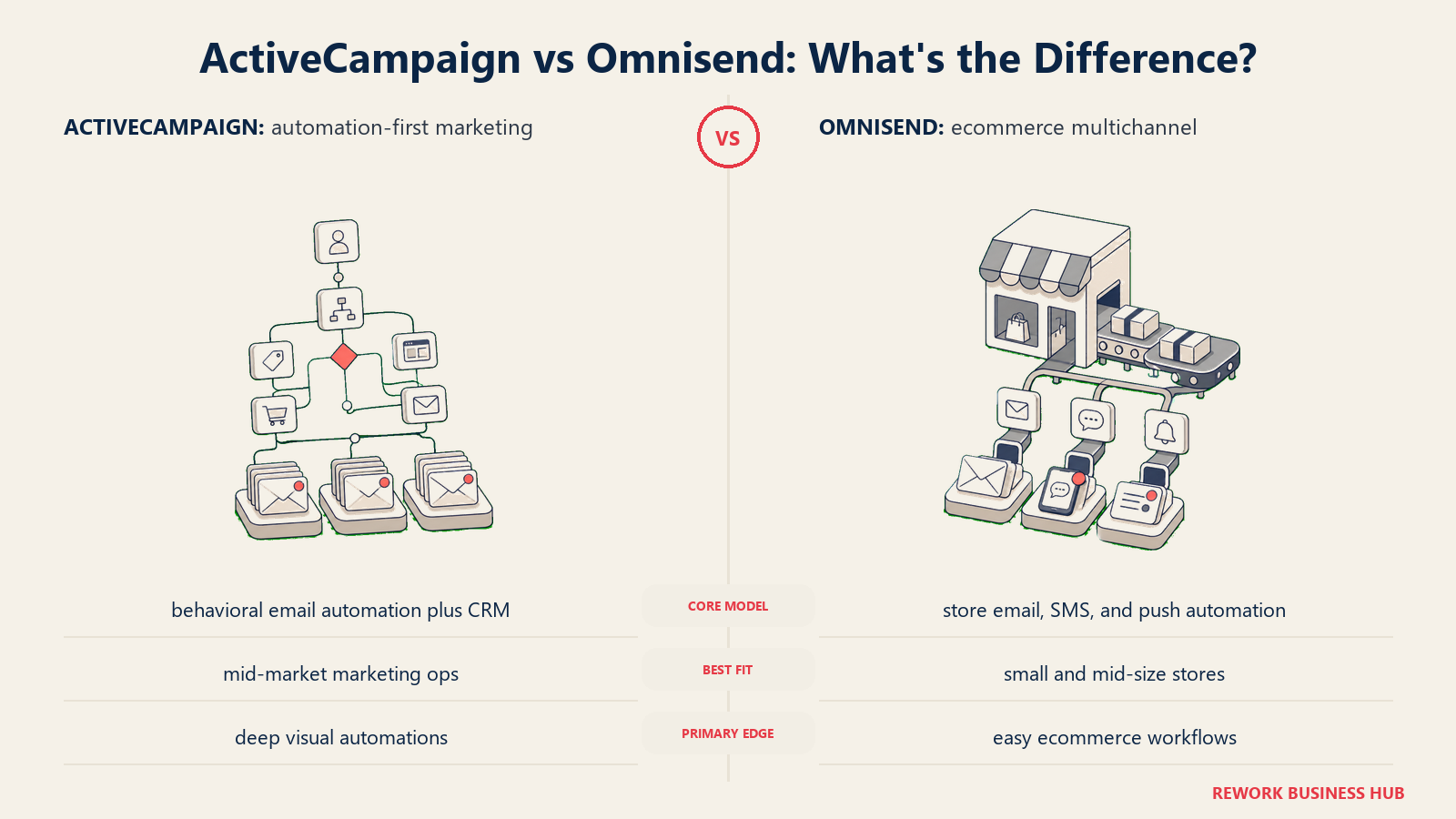 ActiveCampaign versus Omnisend shown with matched metaphors for their operating models