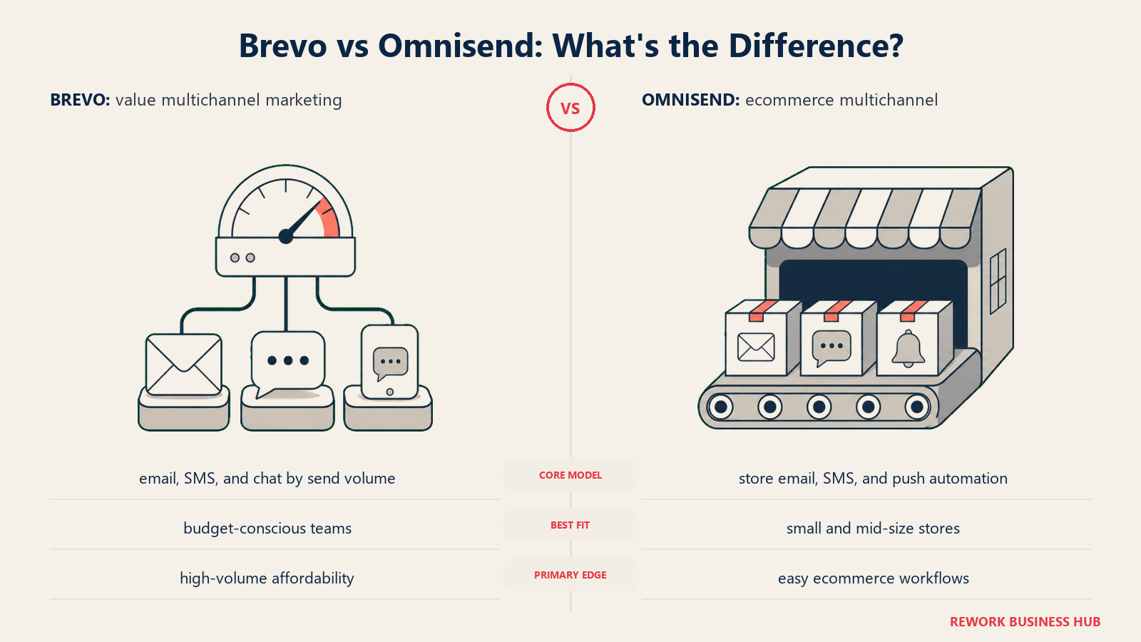 Brevo versus Omnisend shown with matched metaphors for their operating models