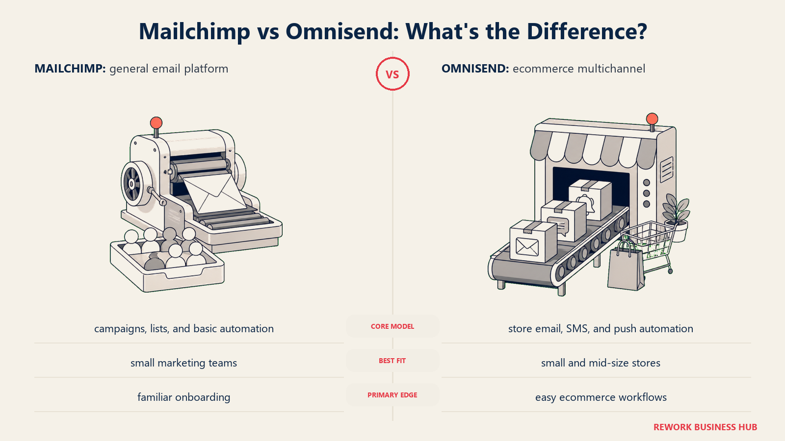 Mailchimp versus Omnisend shown with matched metaphors for their operating models
