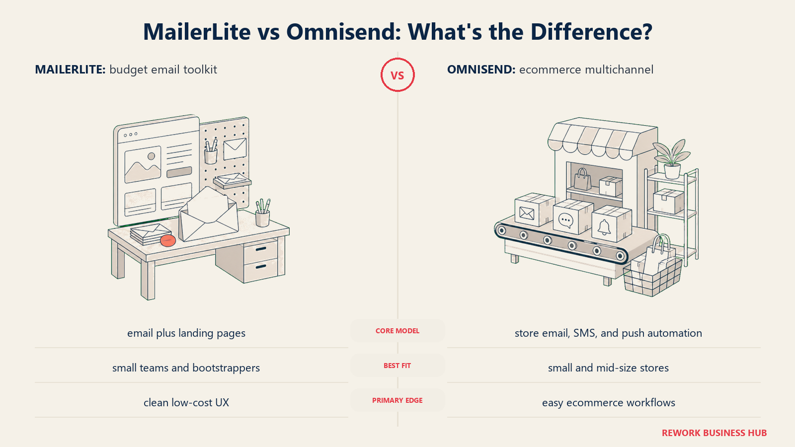 MailerLite versus Omnisend shown with matched metaphors for their operating models