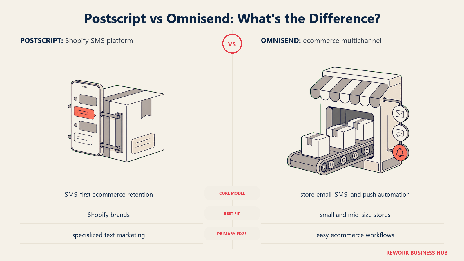 Postscript versus Omnisend shown with matched metaphors for their operating models