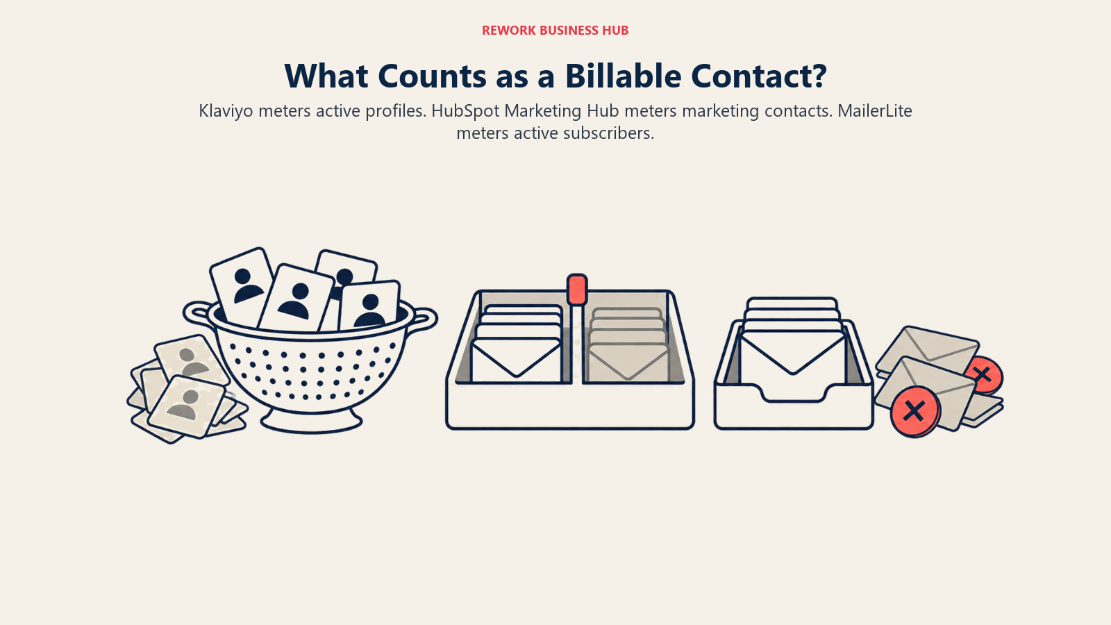 Klaviyo active profiles, HubSpot marketing contacts and MailerLite active subscribers shown in three sorting containers