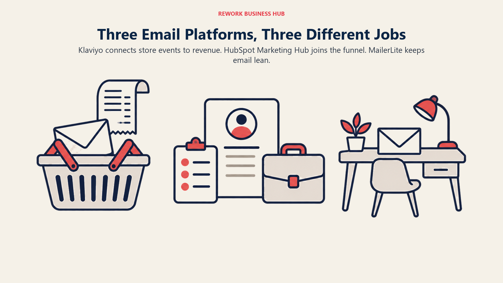 Klaviyo ecommerce, HubSpot shared CRM and MailerLite lean email shown as three distinct business workflows