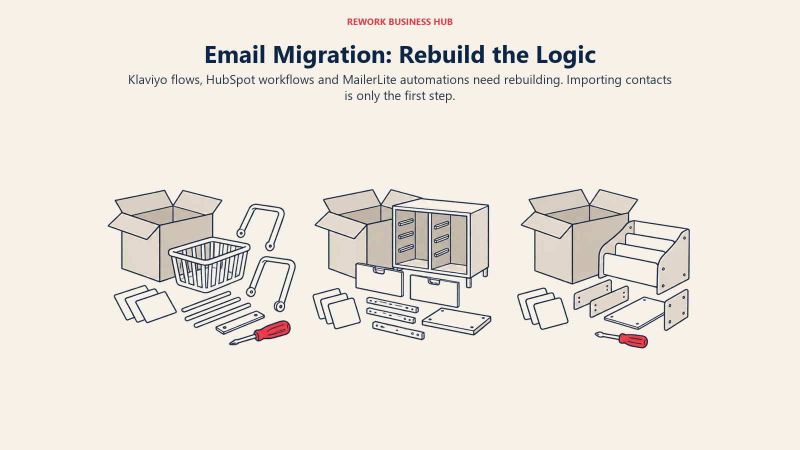 Klaviyo flows, HubSpot workflows and MailerLite automations represented as structures to rebuild after a contact move