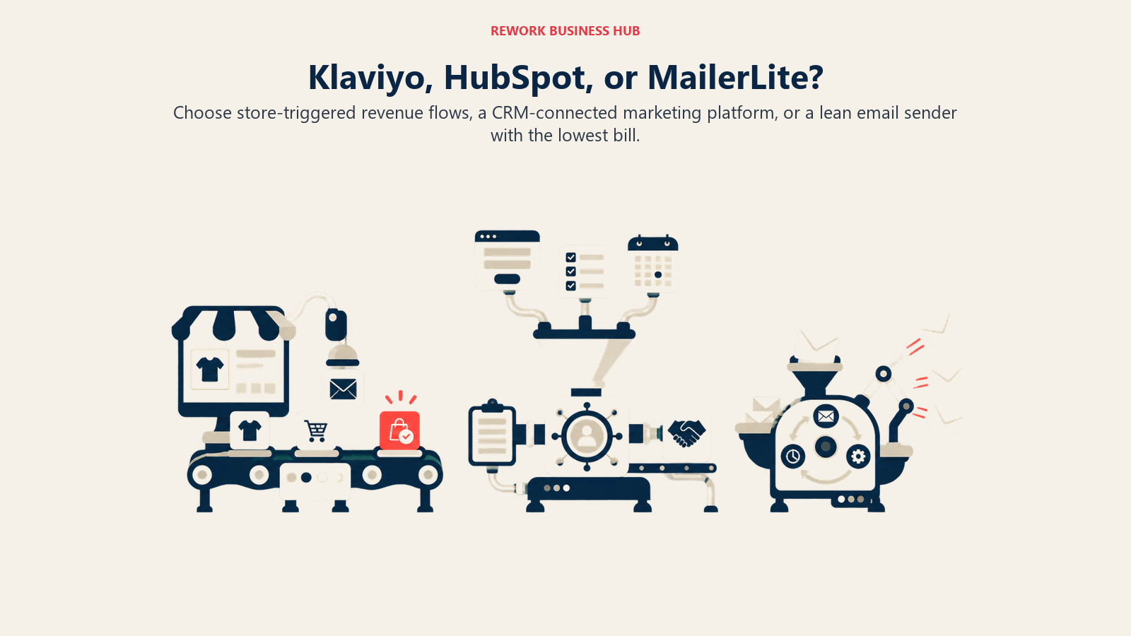 Klaviyo, HubSpot Marketing Hub, and MailerLite shown as ecommerce, connected-funnel, and lean-email marketing engines