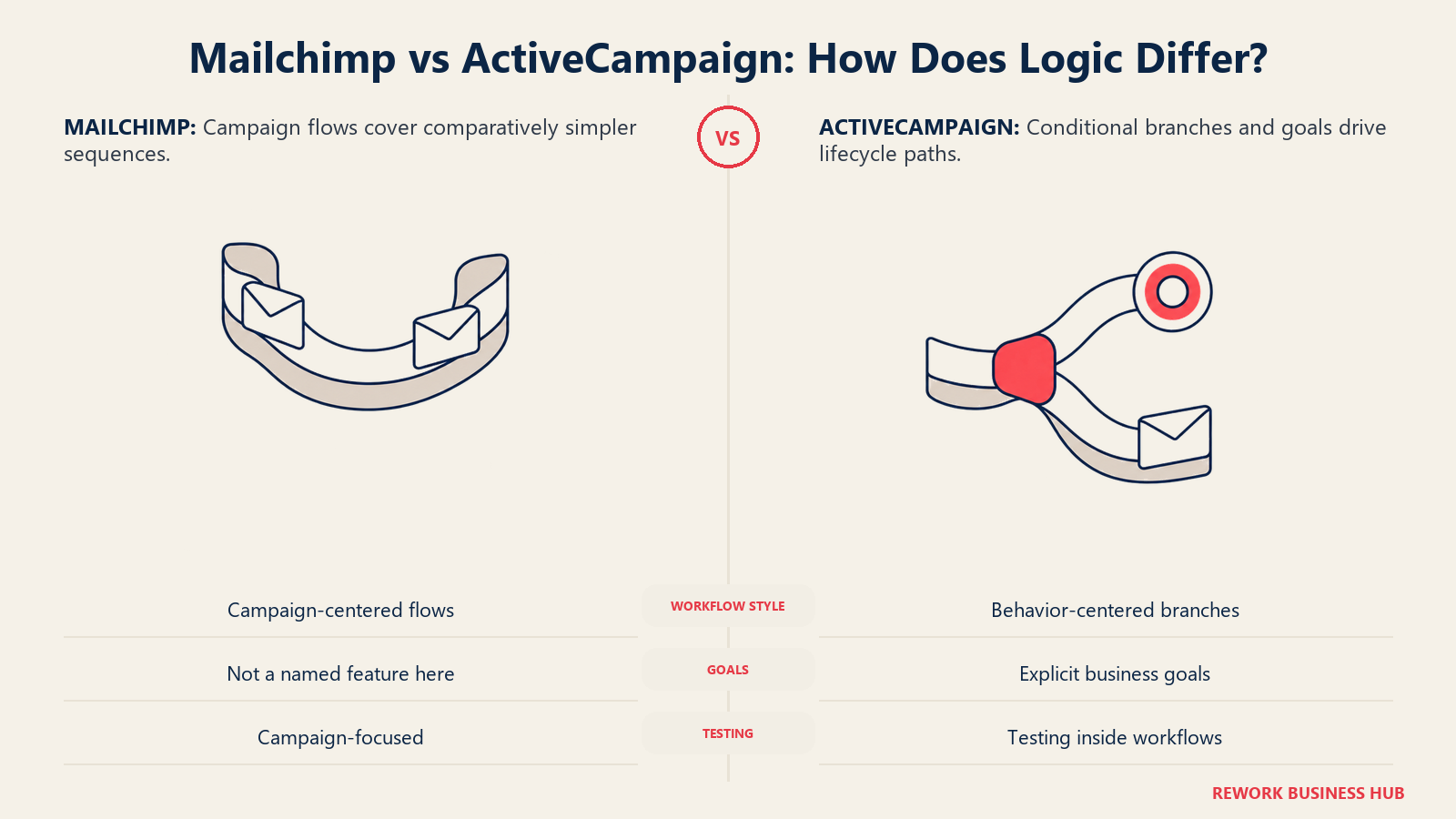 Mailchimp simpler flows and ActiveCampaign conditional branches shown as two separate envelope ribbons