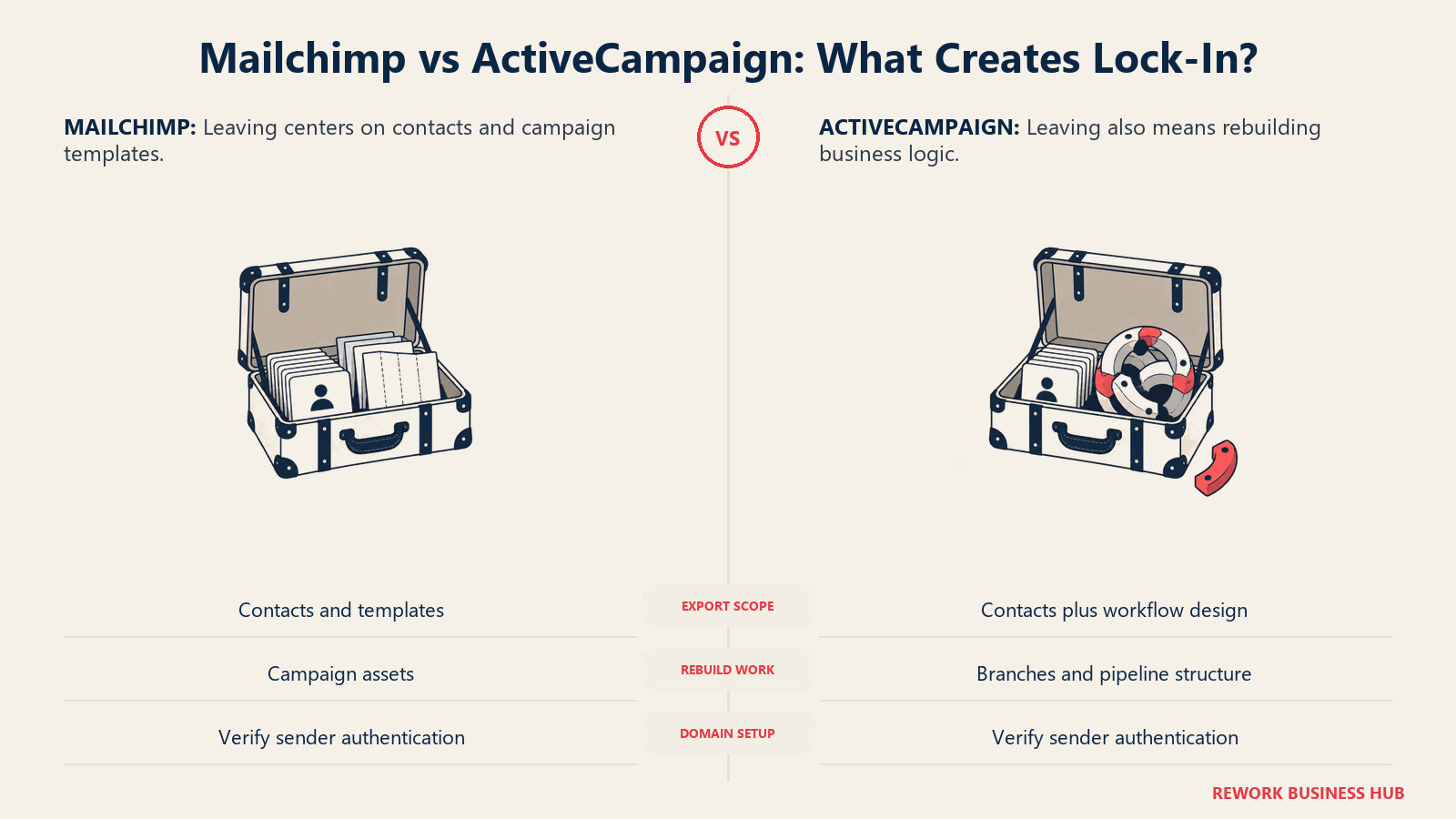 Mailchimp portable campaign assets and ActiveCampaign business-logic lock-in shown in two moving trunks