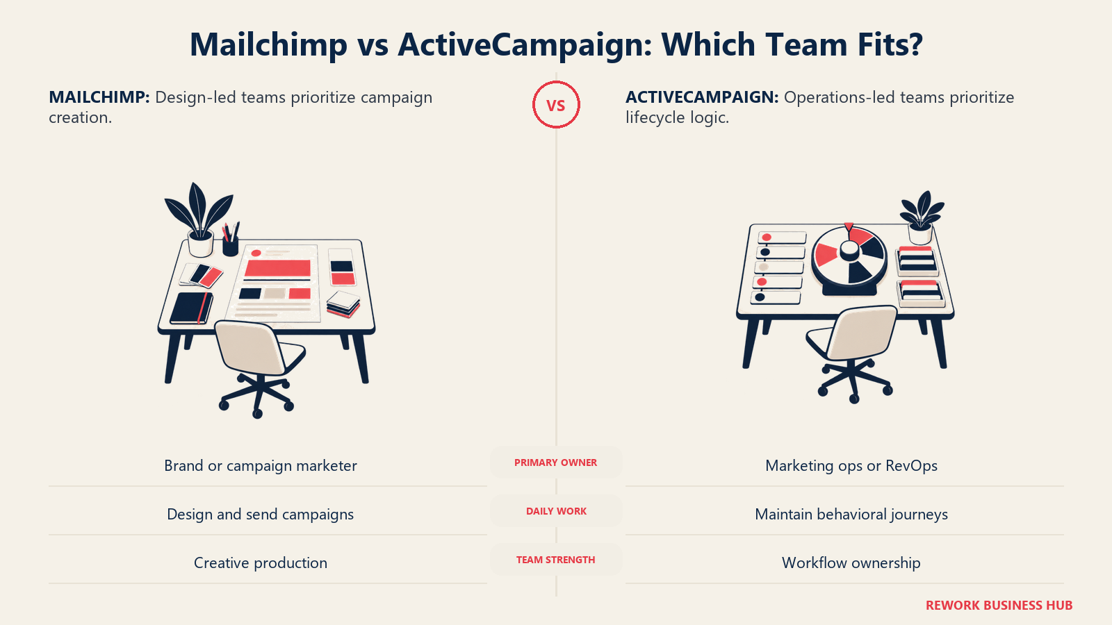 Mailchimp campaign design and ActiveCampaign operations ownership shown as creative and workflow desks