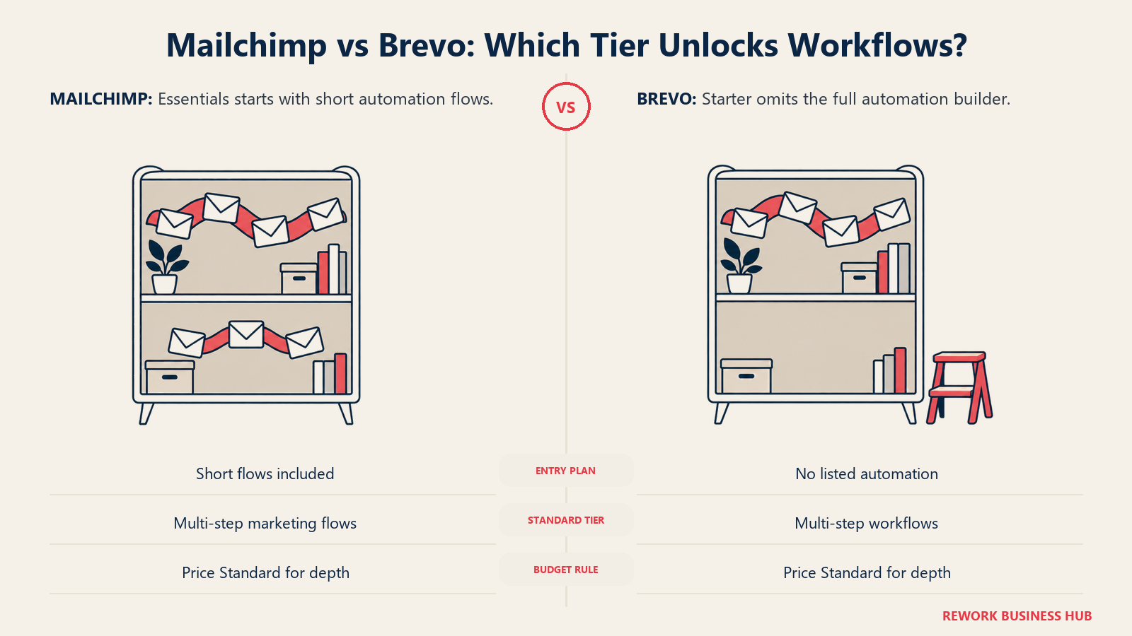 Mailchimp Essentials and Brevo Starter automation access compared with Standard-tier workflow shelves