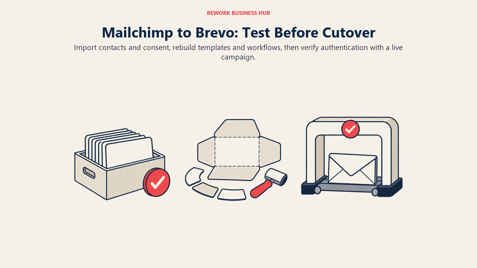 Mailchimp-to-Brevo migration sequence showing contact import, workflow rebuilding and a verified test campaign