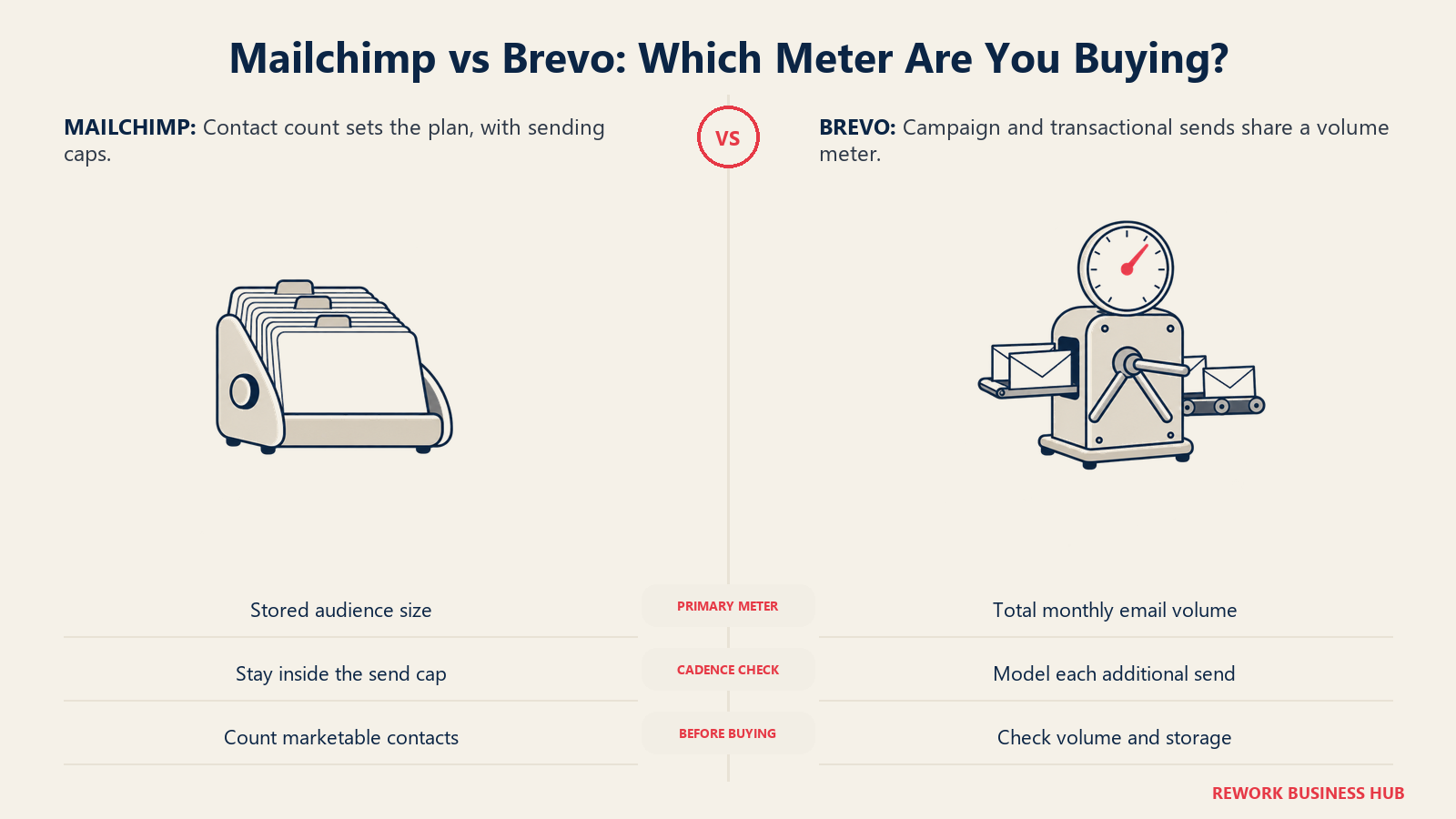 Mailchimp audience-count pricing and Brevo email-volume pricing shown as stored files and a postal meter