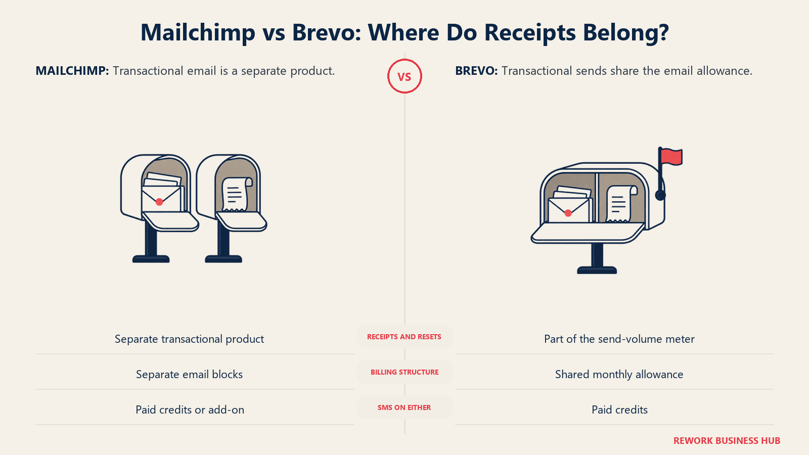 Mailchimp separate transactional service and Brevo shared email allowance shown as separate and combined mailboxes