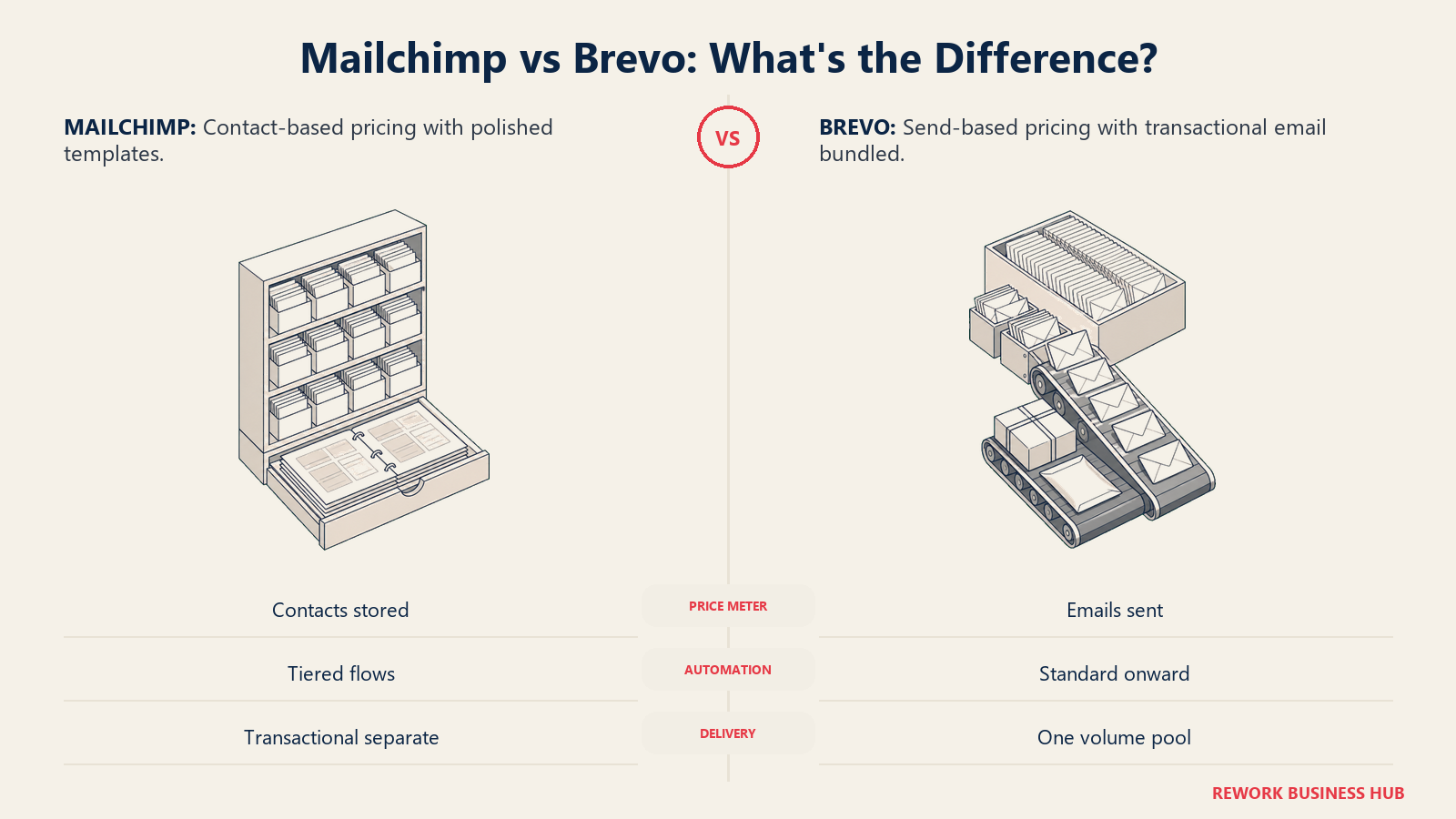 Mailchimp's contact-storage pricing shelf compared with Brevo's send-volume campaign conveyor
