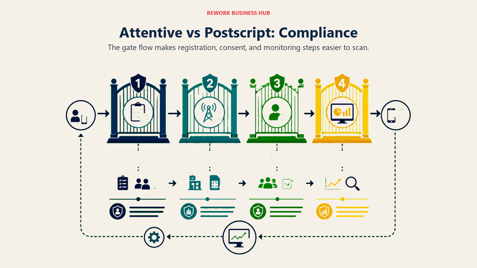 Attentive vs Postscript compliance flow with consent, registration, and deliverability gates