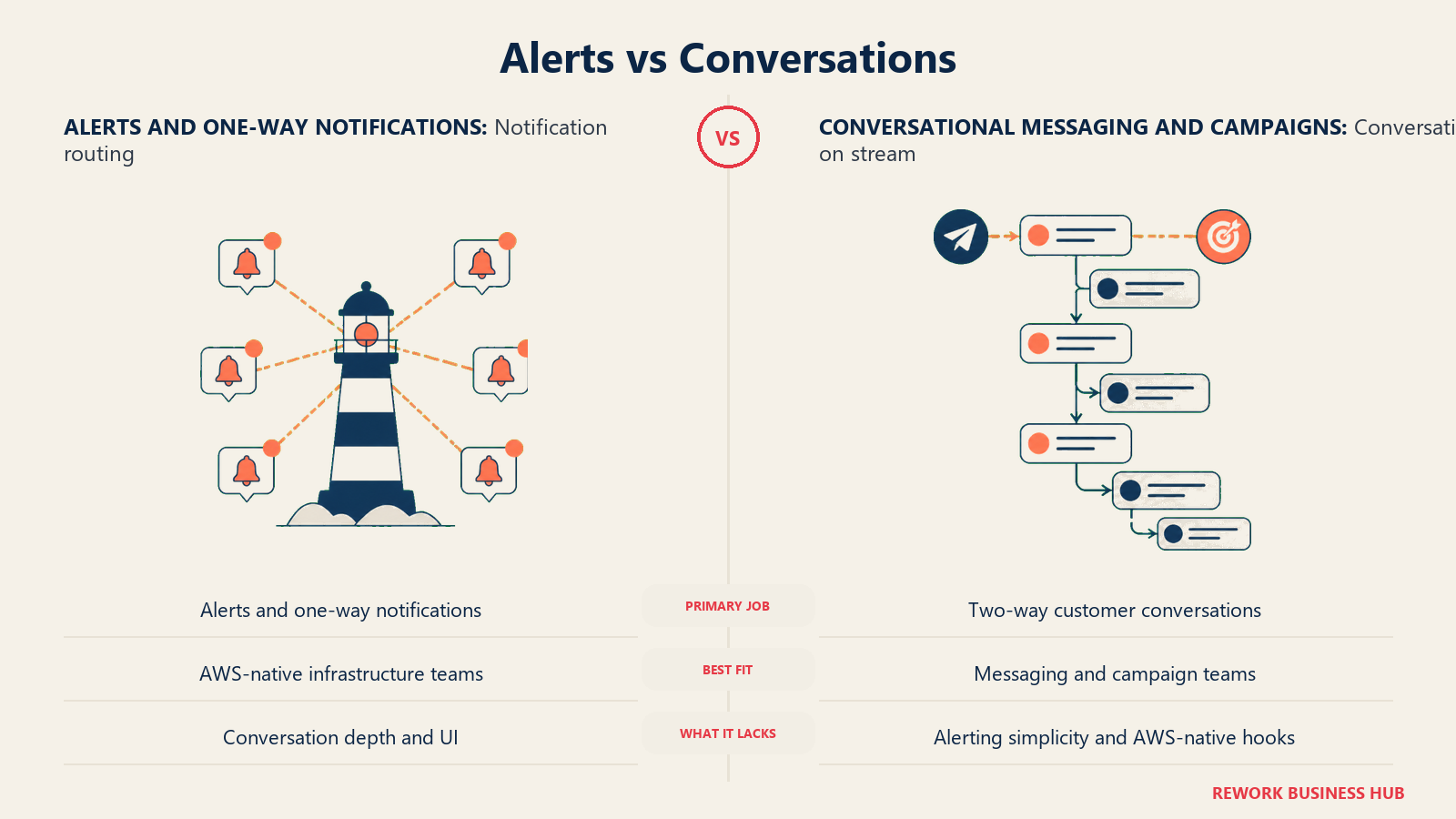8. Amazon SNS - great for alerts, wrong shape for conversations comparison visual showing Alerts and one-way notifications and Conversational messaging and campaigns
