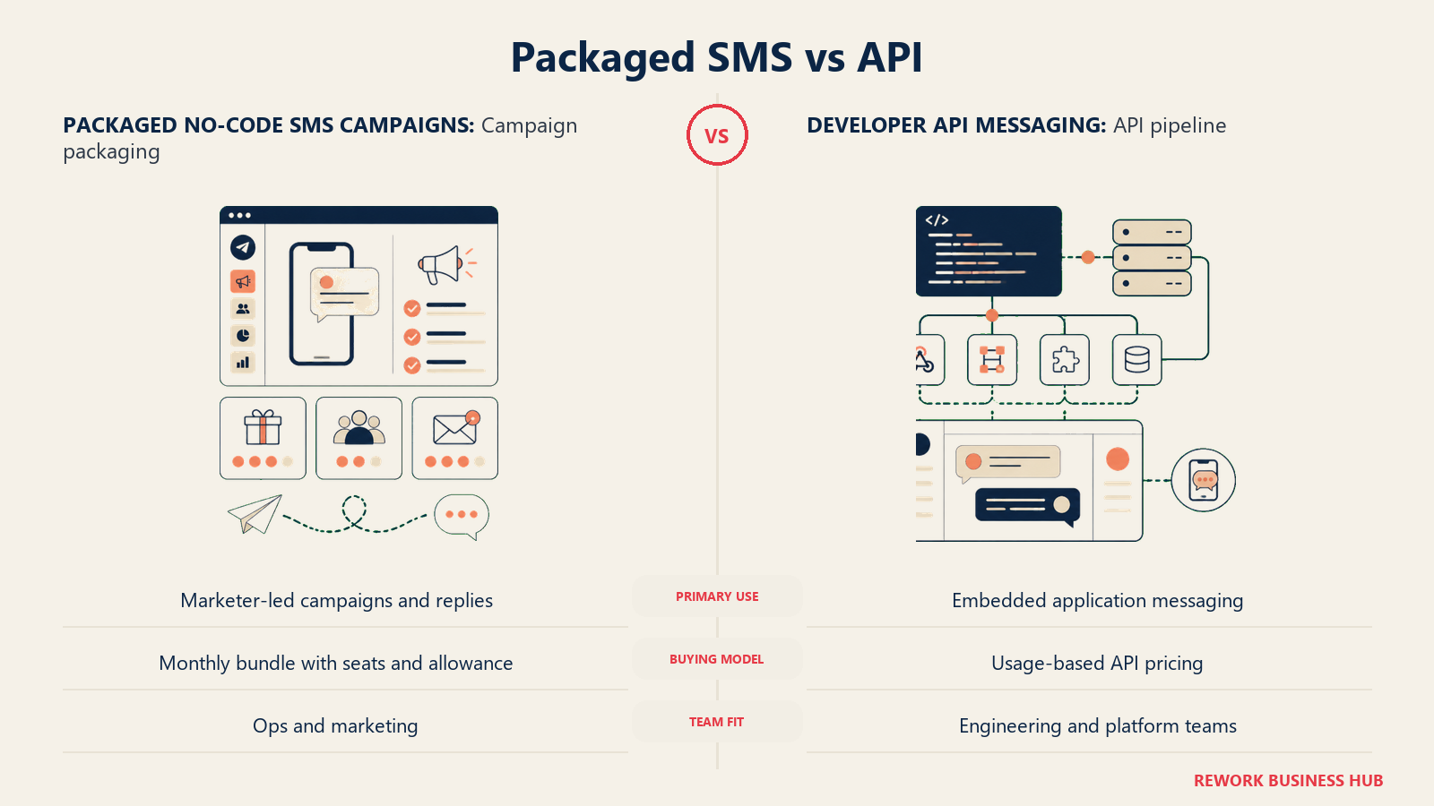 9. Sinch Engage (formerly MessageMedia) - the packaged option, and a name change to know about comparison visual showing Packaged no-code SMS campaigns and Developer API messaging