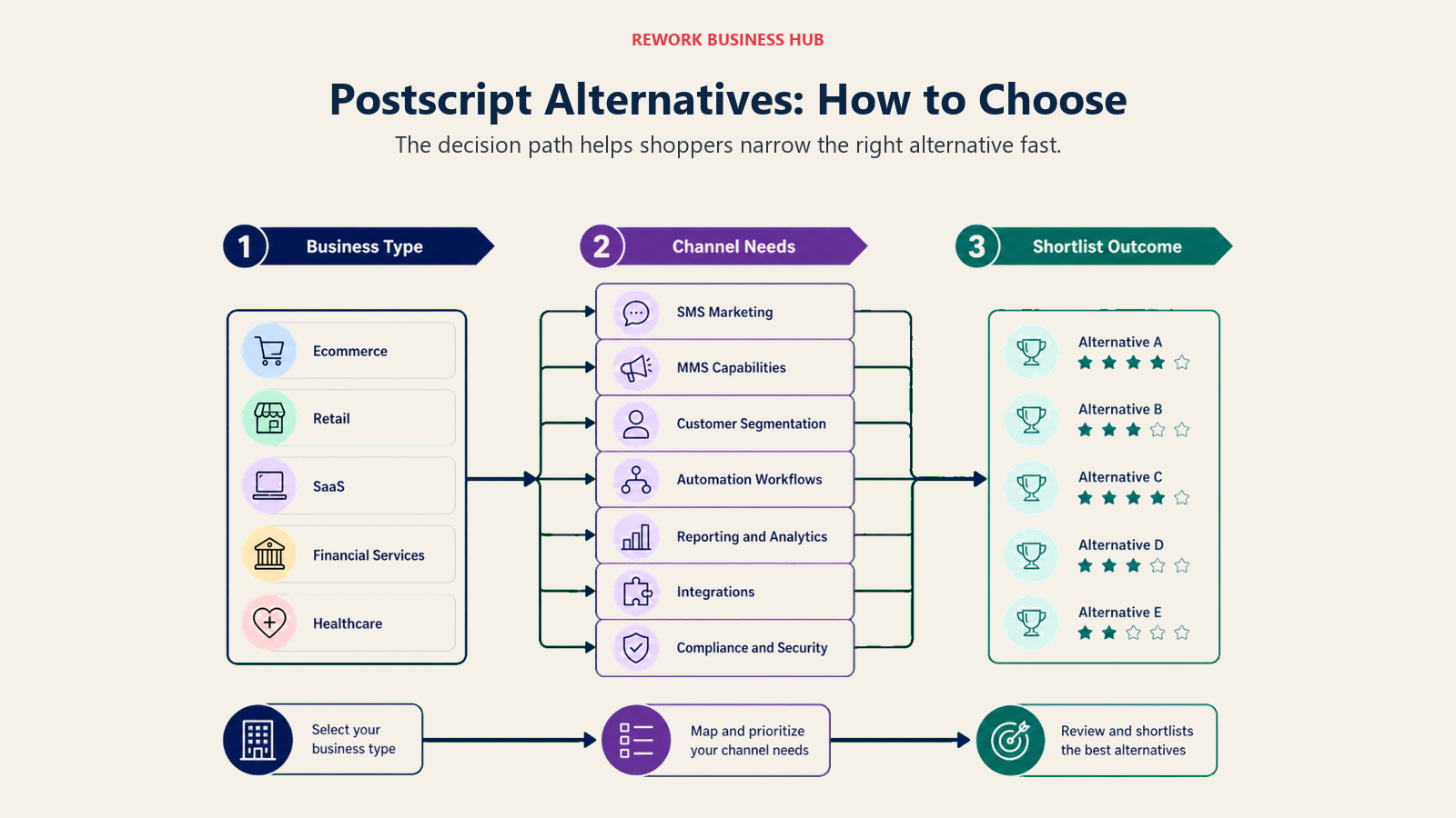 Postscript alternatives decision framework with business type, channel needs, and shortlist
