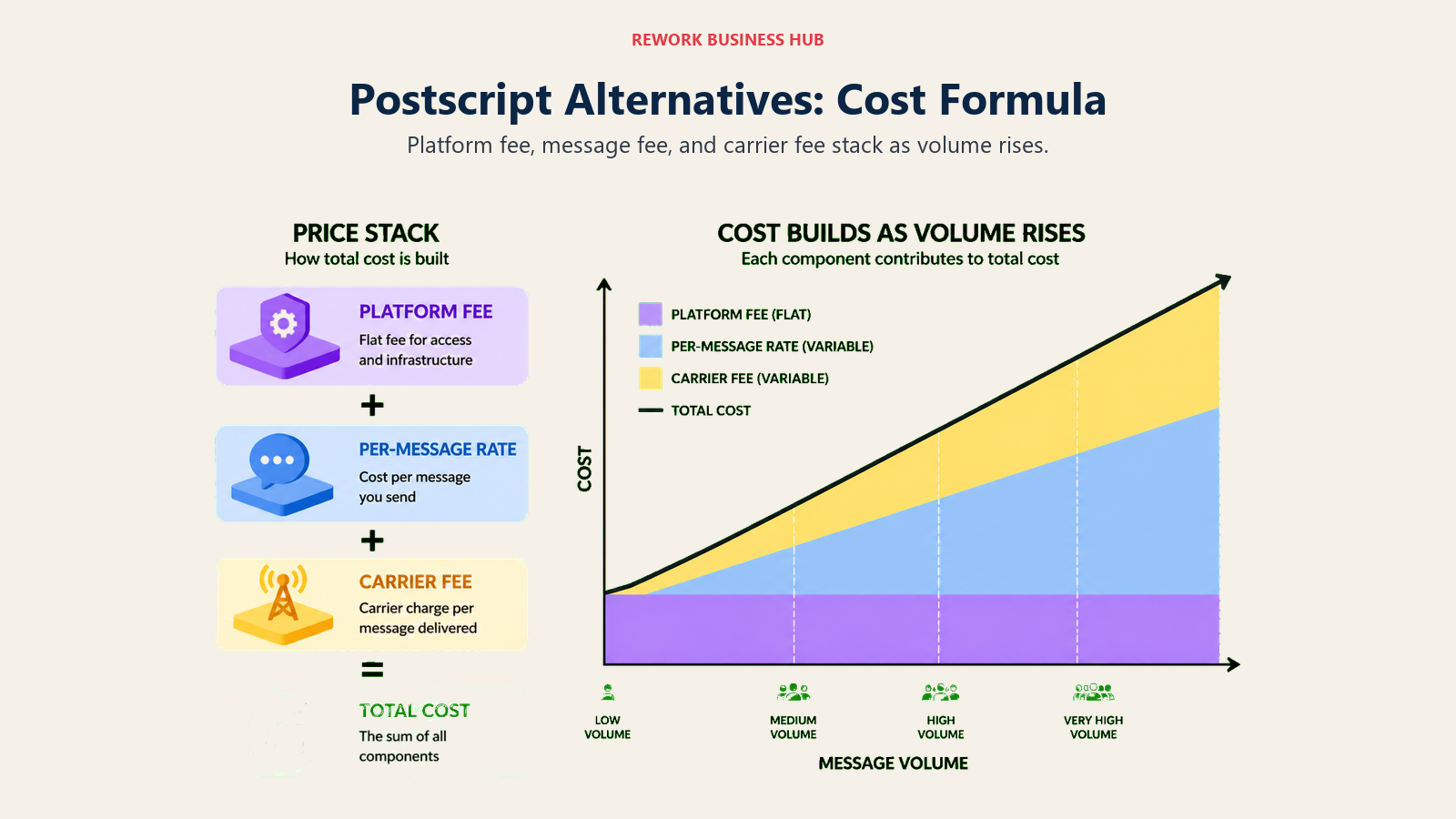Postscript alternatives cost formula with platform fee, message fee, and carrier fee