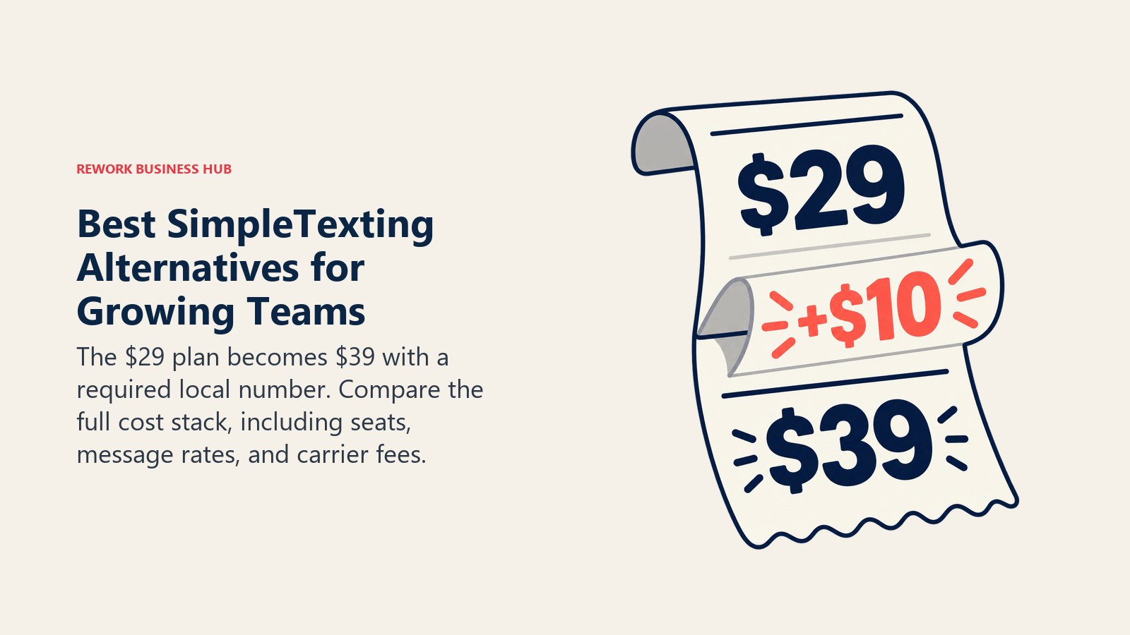 Best SimpleTexting alternatives shown with a receipt where a $10 phone number changes the $29 plan to $39