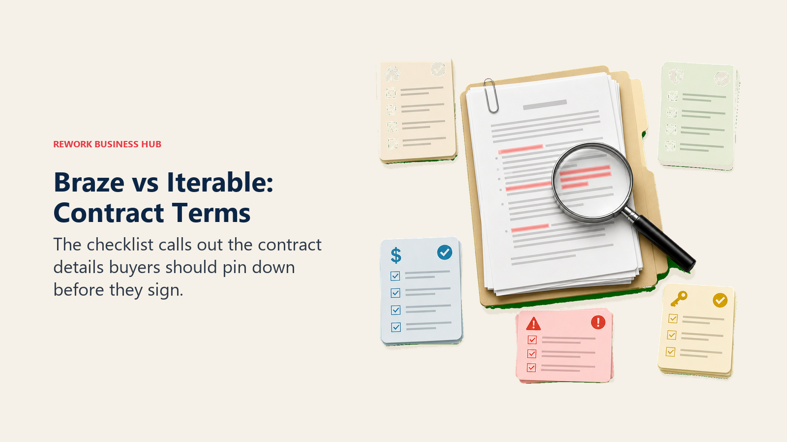 Braze vs Iterable contract checklist with a magnifying glass over buyer terms