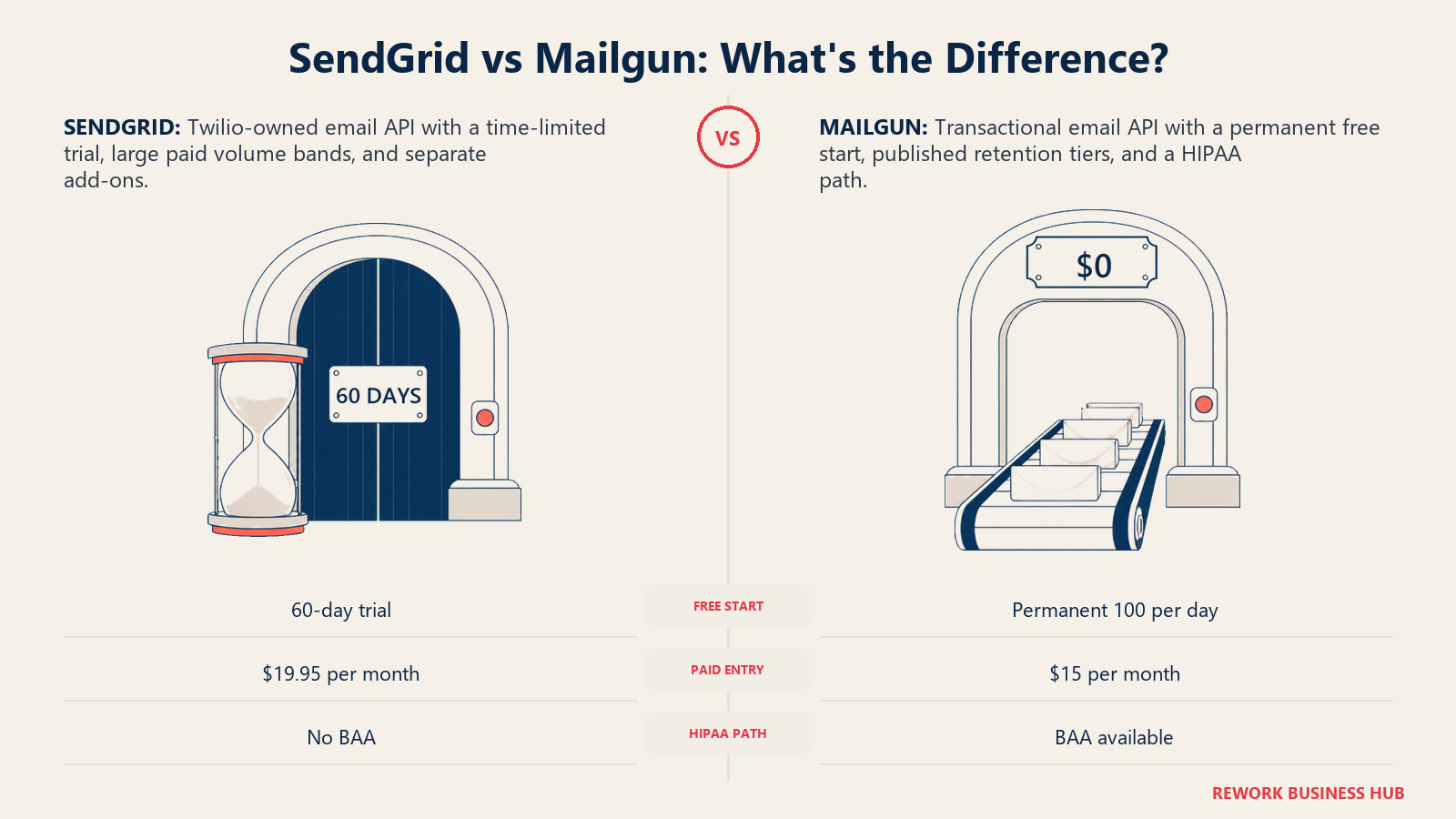 SendGrid and Mailgun compared as a time-limited trial gate and a permanently open free entry