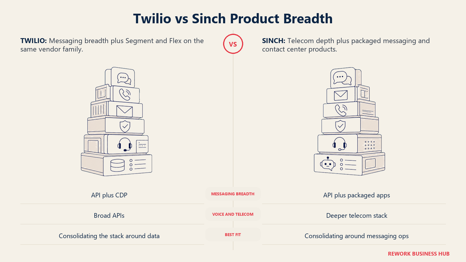 Twilio and Sinch compared as two matched product family towers