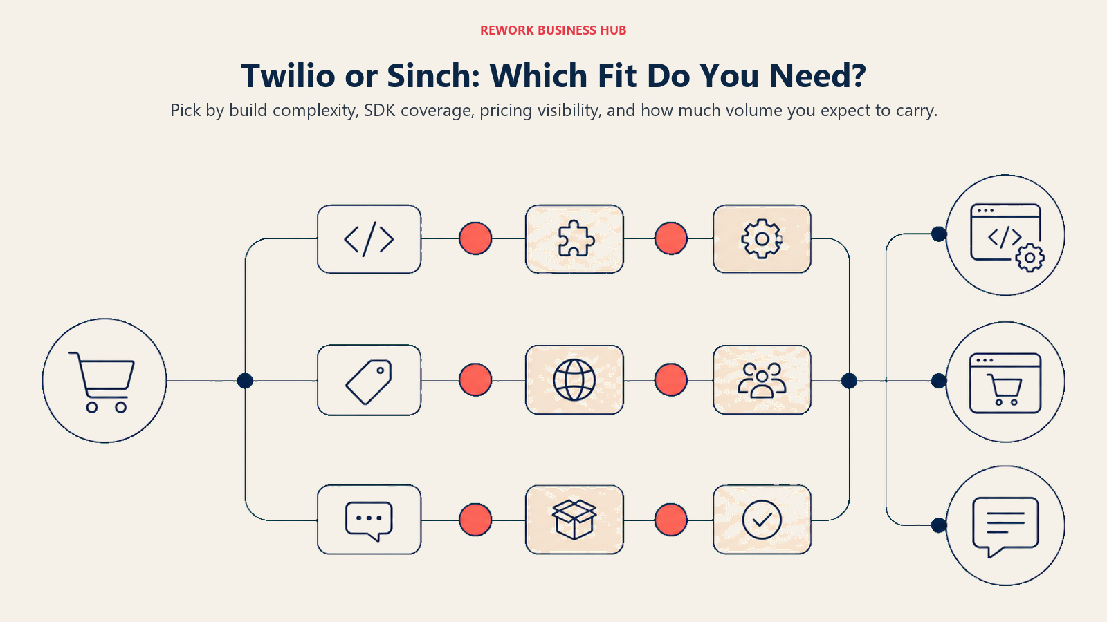Twilio or Sinch: Which Fit Do You Need? shown as one branching decision board with weighted criteria