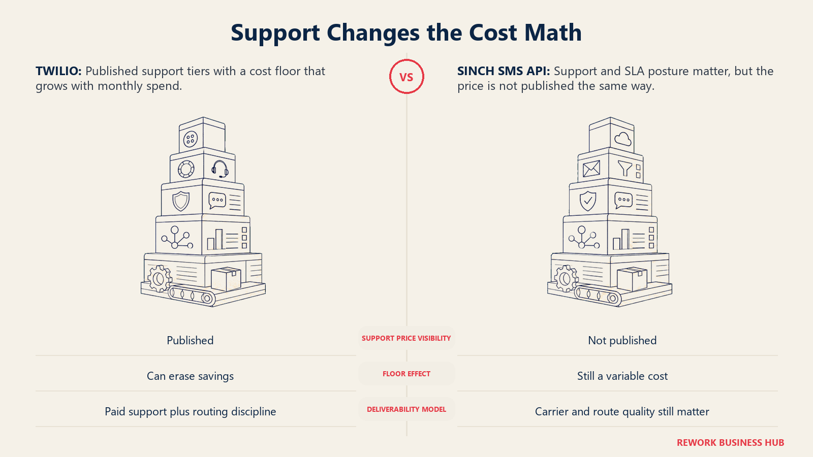 Twilio and Sinch SMS API compared as two matched support towers over a shared delivery base