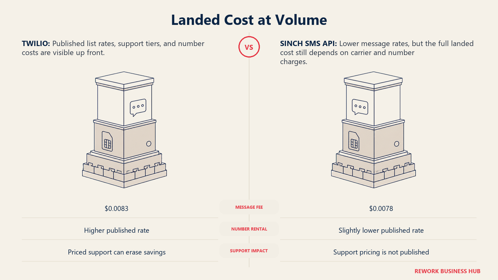 Twilio and Sinch SMS API compared as matched cost towers with a shared carrier-fee base