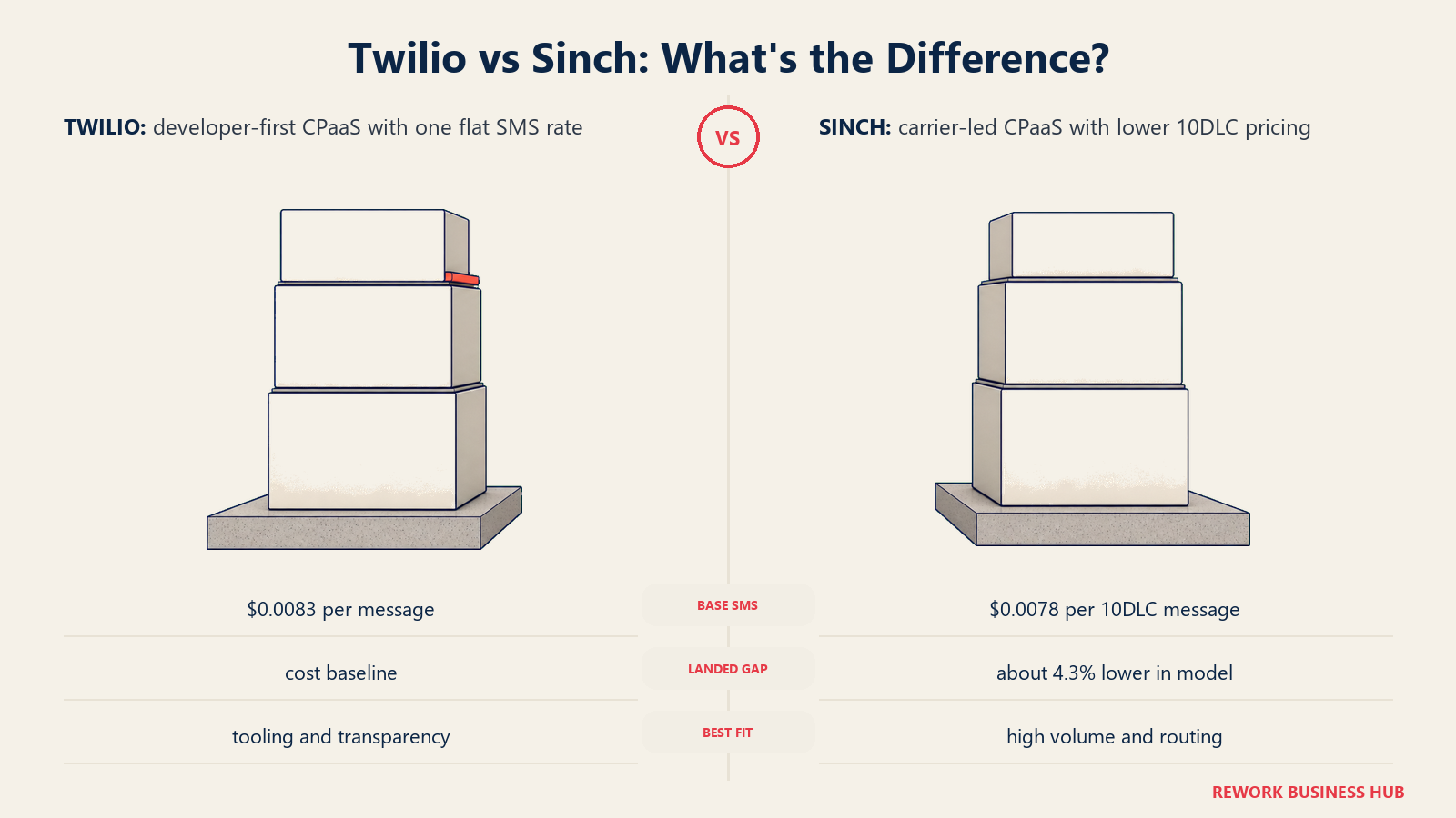 Twilio vs Sinch landed cost shown as nearly level towers after carrier fees and number rental are added
