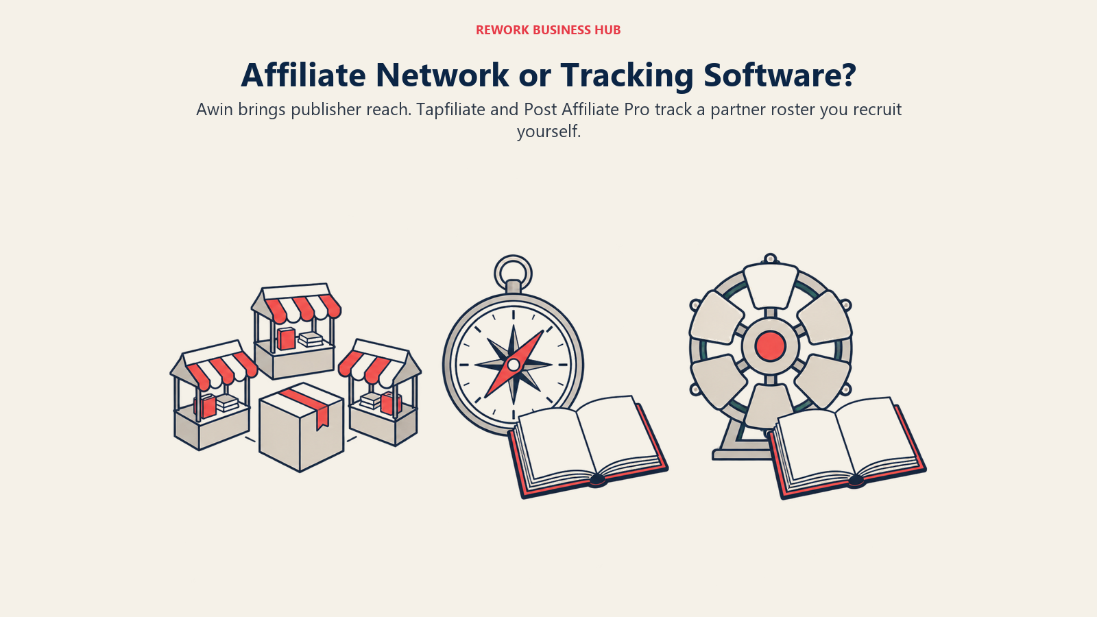 Awin publisher marketplace, Tapfiliate tracking and Post Affiliate Pro commission tools shown as three distinct options