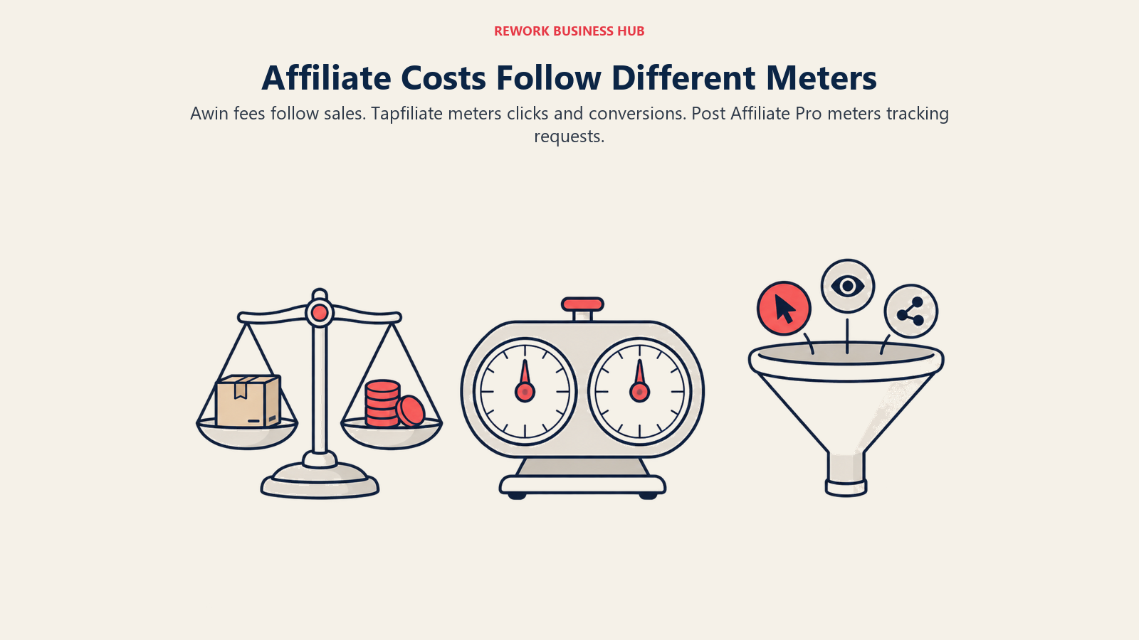 Awin sales fees, Tapfiliate click and conversion meters and Post Affiliate Pro tracking requests shown with three instruments