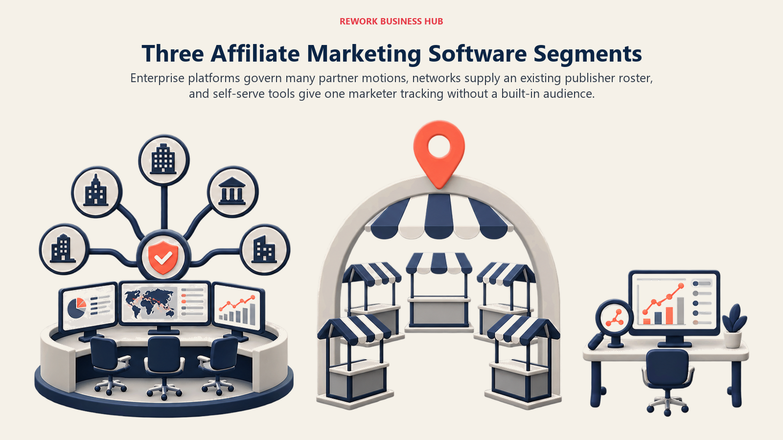 Three affiliate marketing software segments shown as enterprise, publisher-network and self-serve work stages