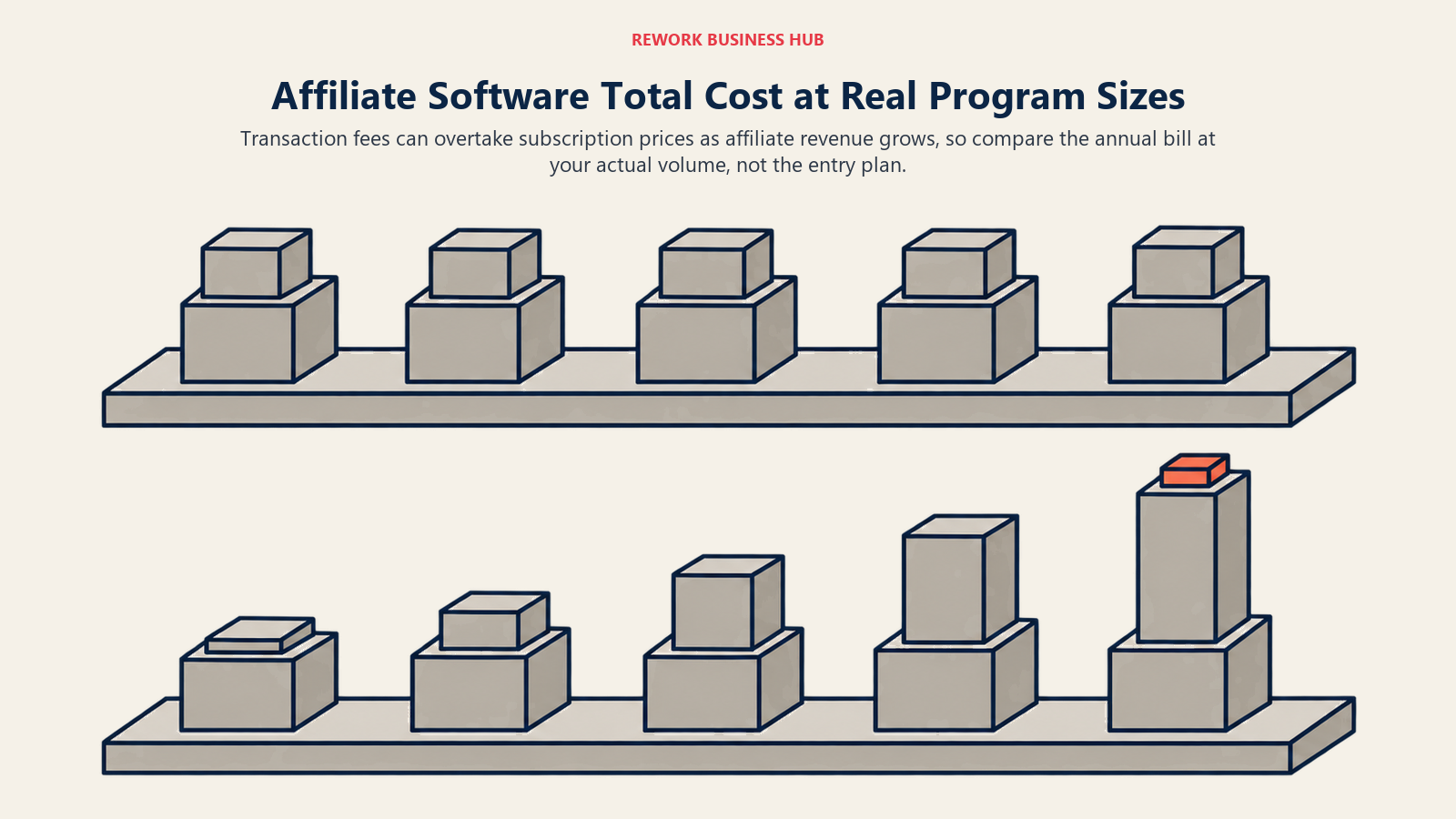 Affiliate software total cost shown as subscription bases and expanding transaction-fee stacks at two program sizes