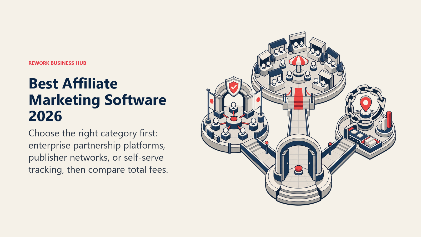 Best affiliate marketing software shown as one search path opening into enterprise, publisher network, and self-serve program routes