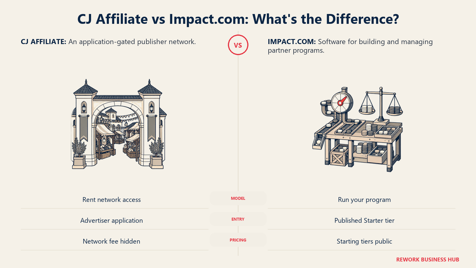 CJ Affiliate application-gated publisher network compared with Impact.com partnership management platform