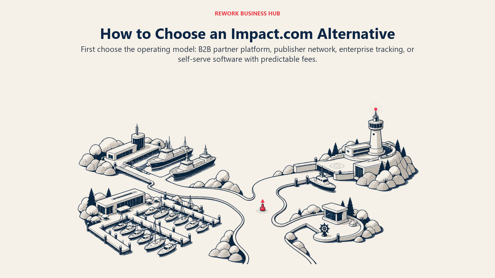Impact.com alternative decision framework shown as routes to a B2B partner platform, publisher network, enterprise tracker, and self-serve tool