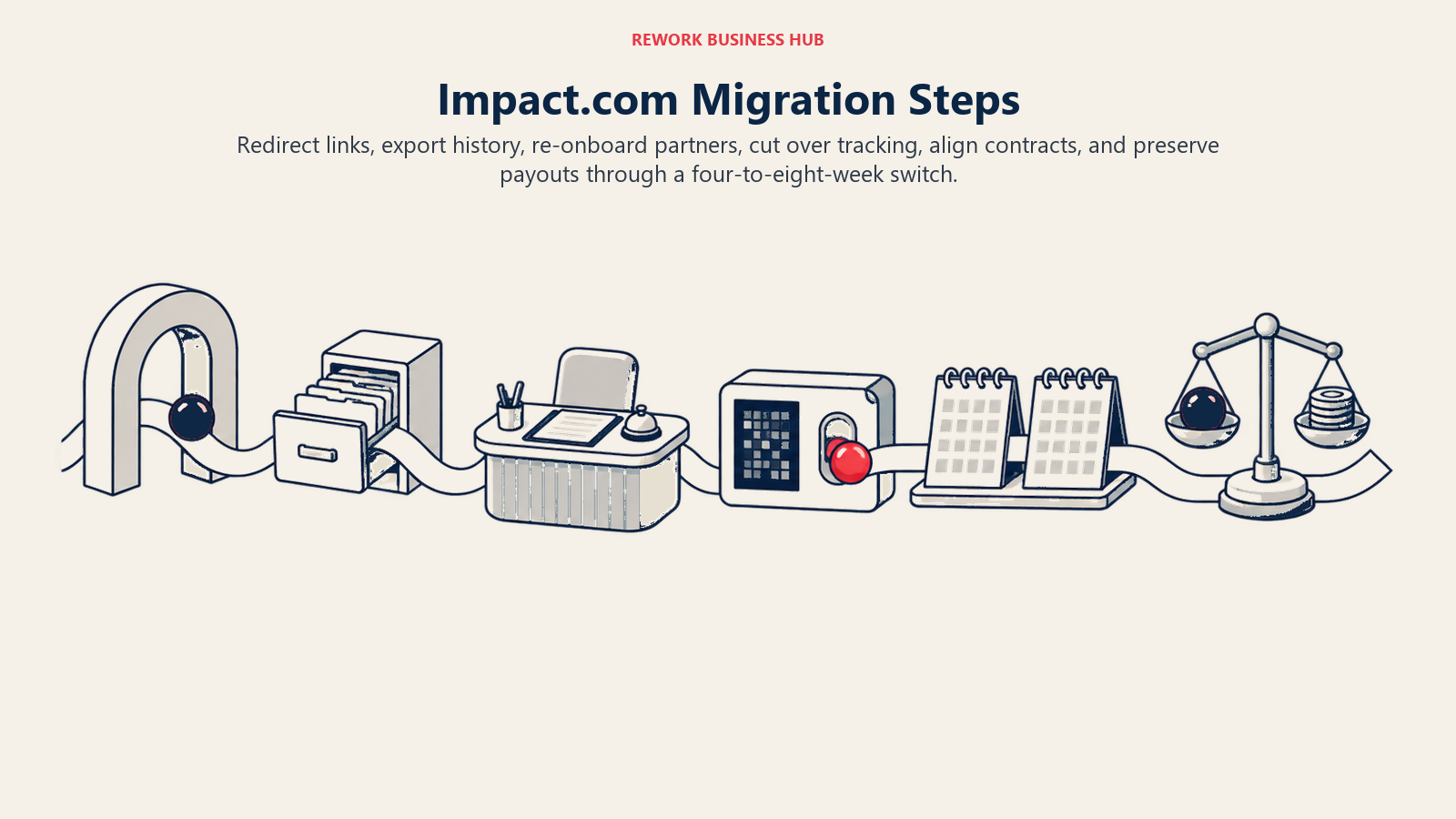 Impact.com migration steps shown as a continuous partner handoff across redirects, exports, onboarding, tracking, contracts, and payouts