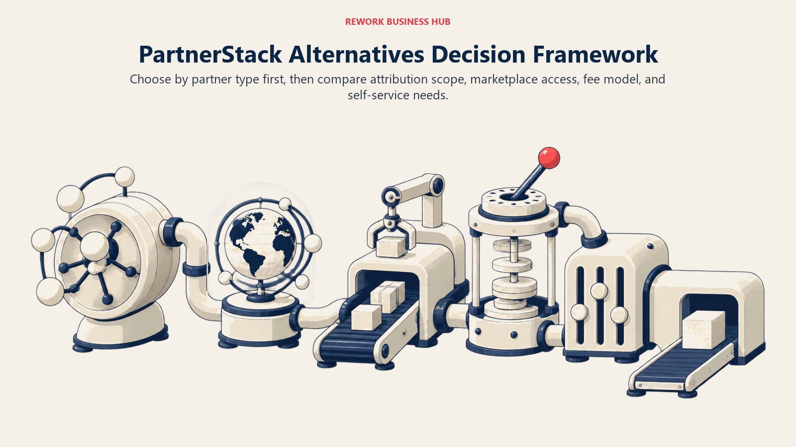 Partner software selector aligning partner motion, attribution, marketplace, fees, and self-service requirements