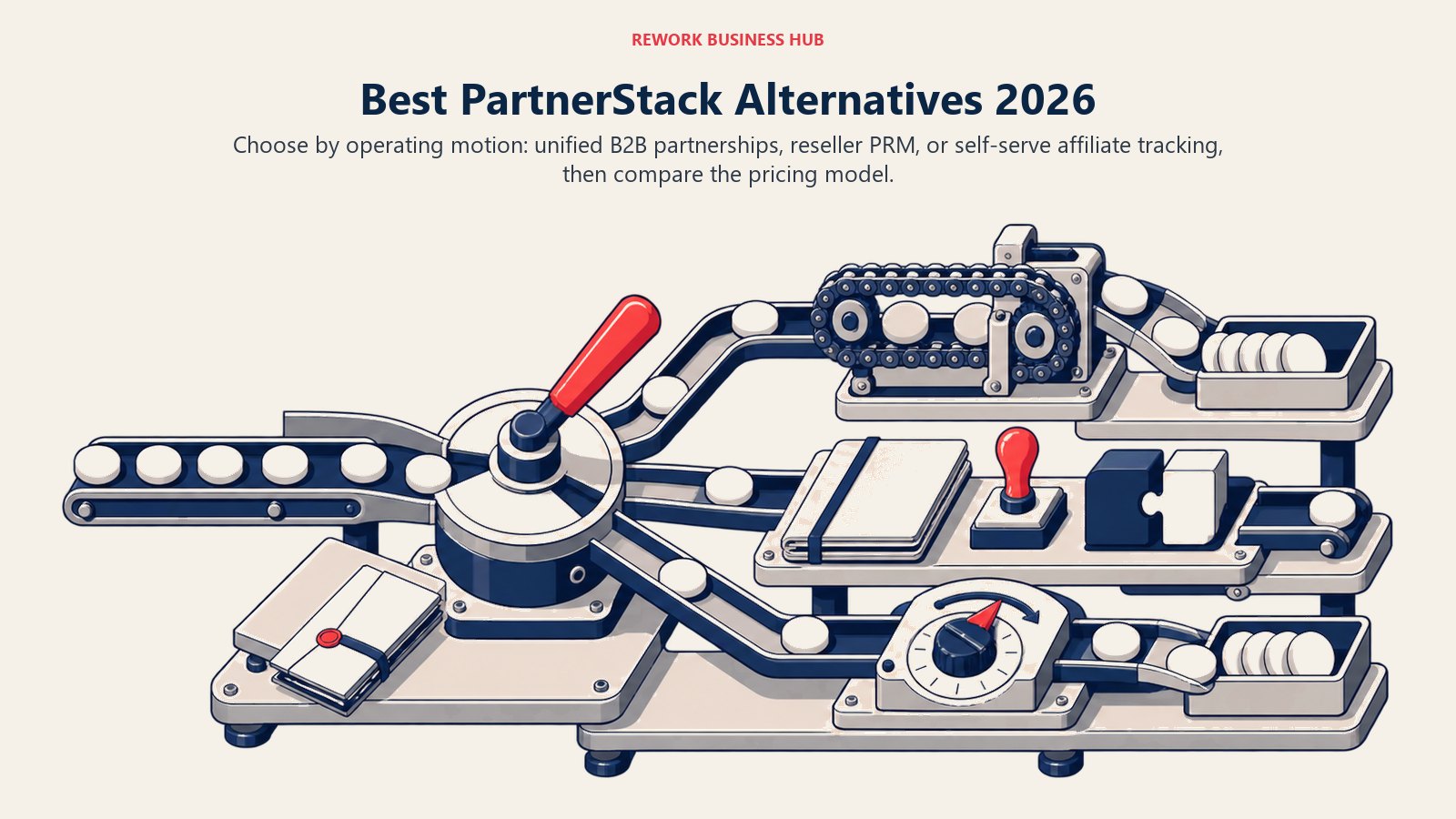 Best PartnerStack alternatives shown as one partner stream sorting into partnership platform, PRM, and self-serve tracking routes