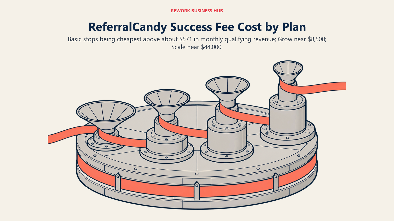 ReferralCandy success fee cost shown as four plan dials with shrinking percentage siphons and rising subscription bases