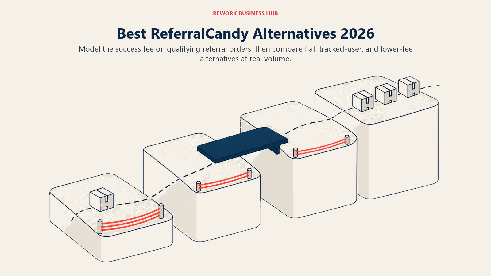 Best ReferralCandy alternatives shown as shrinking success-fee layers crossing a flat-rate path after the first referral orders