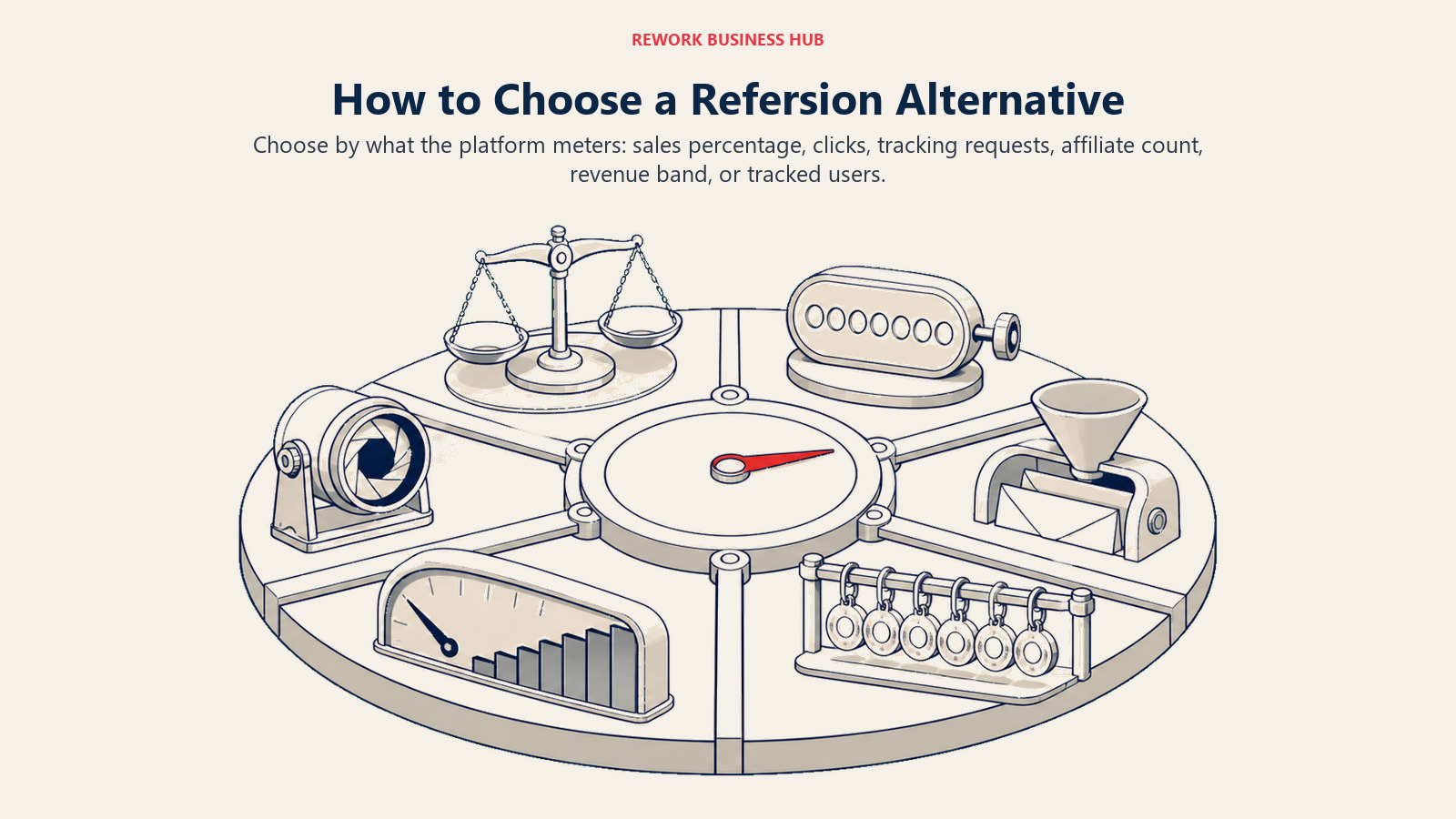 Refersion alternative decision framework shown as six meters for sales, clicks, requests, affiliate count, revenue bands, and tracked users